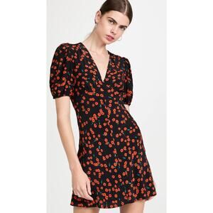 Staud Milla Mini Dress Poppy Print Red Black V-Neck Puff Sleeve‎ Sz 0 Women